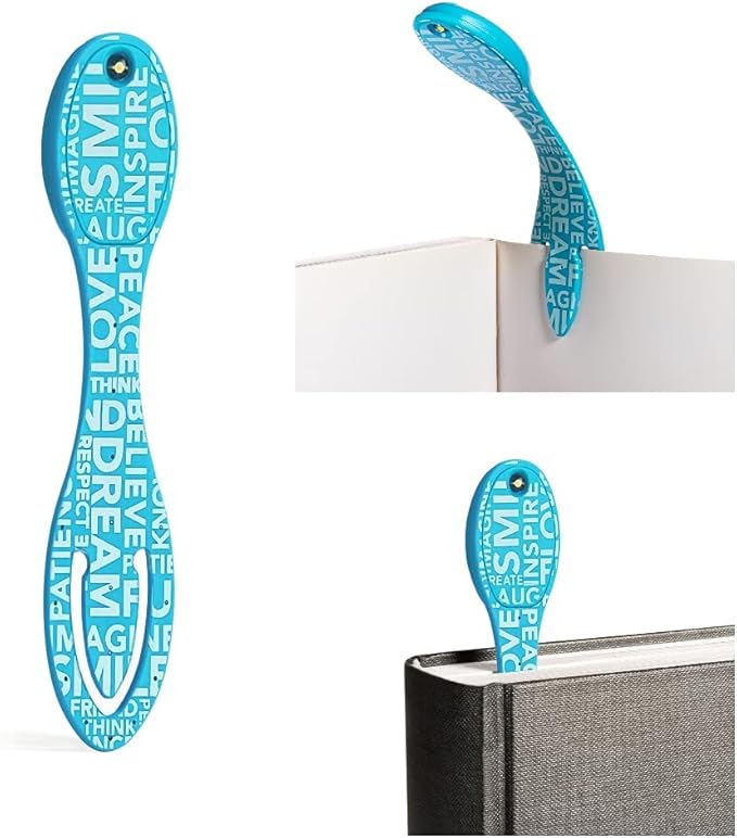 Gifts for Readers & Writers Book Light, Clip On Reading Light for Bed, 2in1 Flexilight & Bookmark, Small & Lightweight with a Soft Glow, 2 Batteries Included, Blue Words