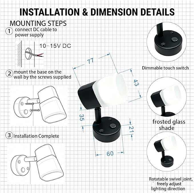 12V RV Wall Light 2 Pack, LED Bedside Reading Lamp with USB & Type-C Charging Ports, Warm White 3000K–3200K, Adjustable Interior Light for Camper, Trailer, Motorhome