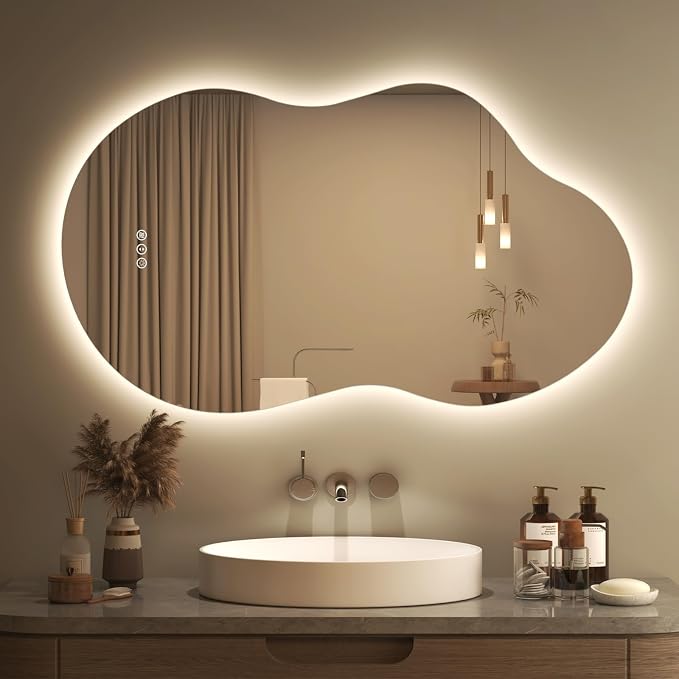 SMIROR 40x24 Irregular Backlit Led Lighted Bathroom Vanity Mirror | Asymmetrical, Cloud Shape, Anti-Fog, 3 Colors, Dimmable, Memory, Tempered Glass, UL