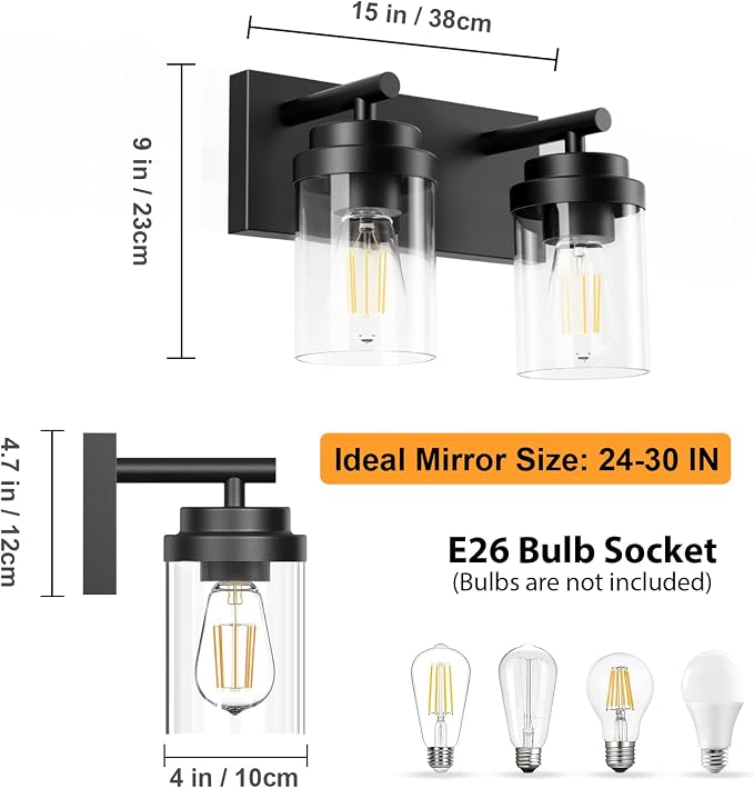 IZORRO Bathroom Vanity Light Fixture, 2-Light 15 Inch Matte Black Bathroom Light Fixtures Over Mirror, with Clear Glass Shade, Modern Farmhouse Vanity Lights, Rustic Restroom Lighting Fixtures