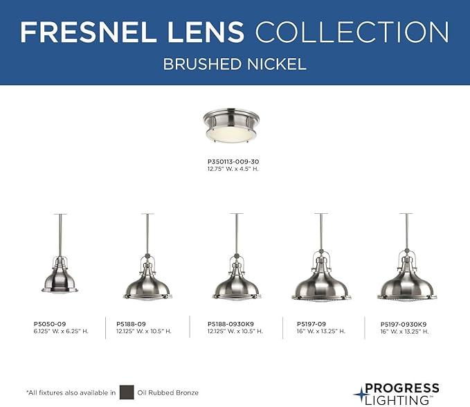 Progress Lighting 1-Light Fresnel Glass Coastal Pendant Light, Fresnel Lens Collection , Indoor, P5188-09, Brushed Nickel