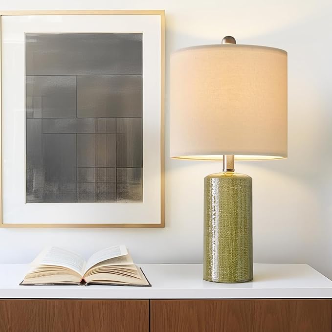 20.25" Small Single Table Lamp for Bedroom Modern Ceramic Nightstand Lamp Farmhouse Bedside Lamp Boho Living Room End Side Table Lamp, Green