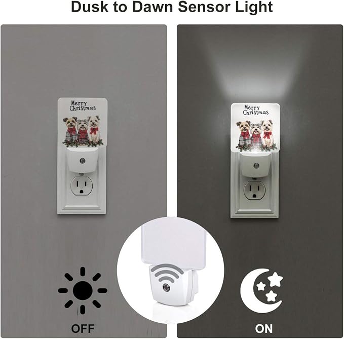 Cute Christmas Dogs LED Plug-in Night Lamp 2 Piece Set, Auto Sensor Emergency Nightlights Set of 2 for Bedroom Bathroom Night Stairs