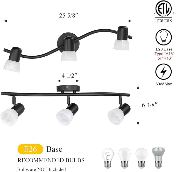 XiNBEi Lighting Black Track Lighting Kit with Glass for Kitchen, 3 Light | Curved Ceiling Spot Light, E26, S-Shaped Bar, Rotatable Head, Ceiling Light Fixture, For Kitchen Sink & Bathroom Hallway