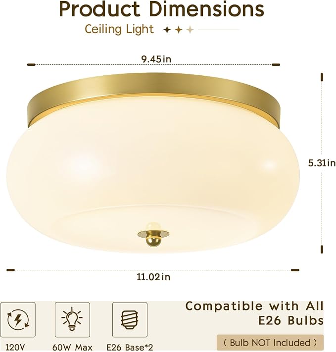 2-Light Brushed Gold Ceiling Light, 11.02 in Milky White Glass Shade | Mid-Century Modern Flush Mount Ceiling Light, E26 Ceramic Socket, Hallway, Kitchen, Bedroom, Bulb Not Included