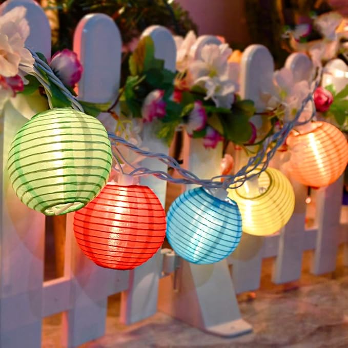 8.5Ft Multicolor Lantern String Lights, Summer Hanging String Lights with 10 Colorful Lanterns, Nylon Lights for Indoor Outdoor Party Decor, White Wire