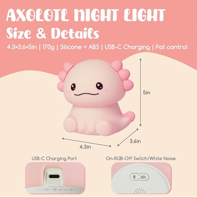 LEDHOLYT Cute Axolotl Night Light for Kids, 3 Adjustable Brightness Levels & 6 White Noise Sounds,Rechargeable Variable Color Axolotl lamp Gifts,Cute Room Decor Night Light for Kids Girls Boys