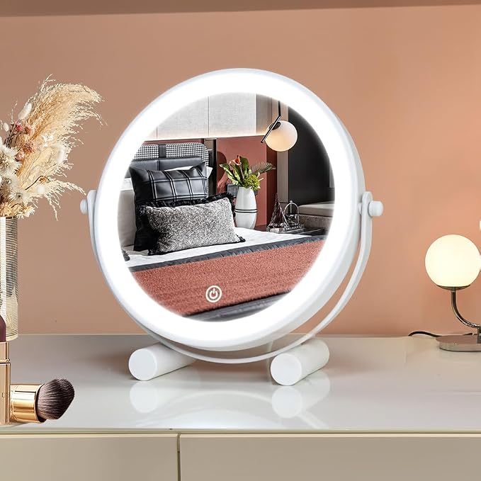 YEKKOPT Travel Vanity Mirror with Lights, 8" Small LED Makeup Mirror with Lights,360°Rotation Dimmable Portable Desk Round Mirror for Dressing Room & Bedroom,Folding Stand, White