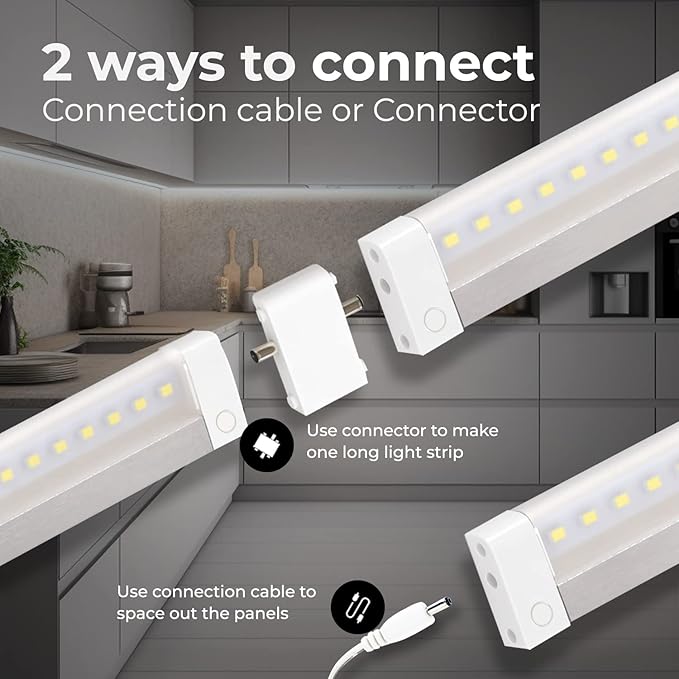 EShine Hand Wave Activated Under Cabinet LED Lighting Kit, Dimmable, 3-Pack 12 in - Touchless Dimming Control, White Under Counter Lights for Kitchen, Garage, Office, Desk - Cool White (6000K)