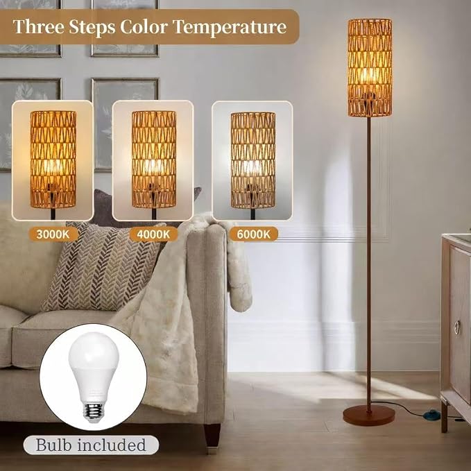 Ruiever Floor Lamp for Living Room,Farmhouse Floor lamp,Modern Standing lamp with Hand-Worked Rattan Shade (Brown Body with 3 Color Bulb)