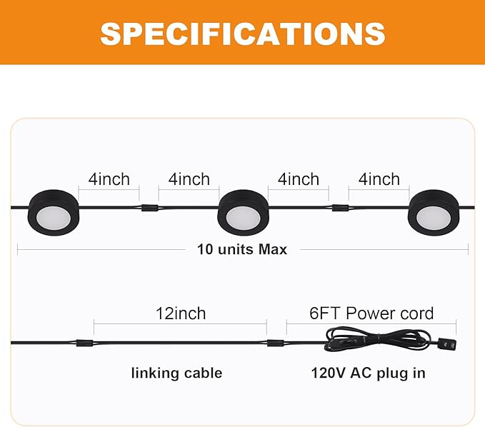 LUMILAND Wired LED Puck Lights 120V (2.7Wx5) Plug-in Lighting Warm White, LED Cabinet Light for Kitchen Can Be Surface Mount or Recess Mount, Black