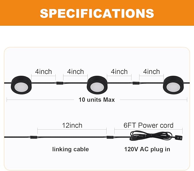 LUMILAND Wired LED Puck Lights 120V (2.7Wx3) Plug-in Lighting Warm White, LED Cabinet Light for Kitchen Can Be Surface Mount or Recess Mount, Black