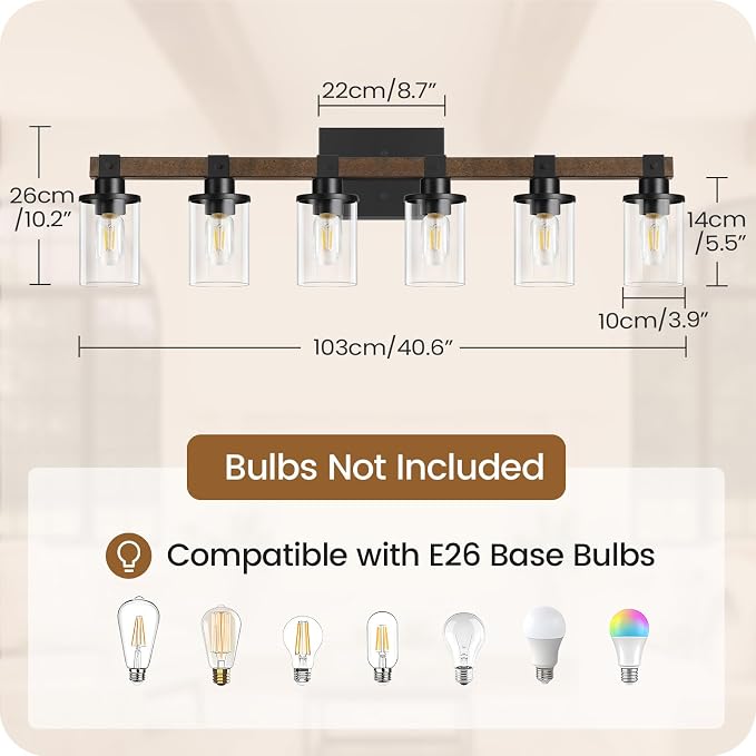 6-Light Bathroom Light Fixture, Vanity Lights for Bathroom with Glass Shade, Rustic Bathroom Light Fixtures, E26 Base F12BD05