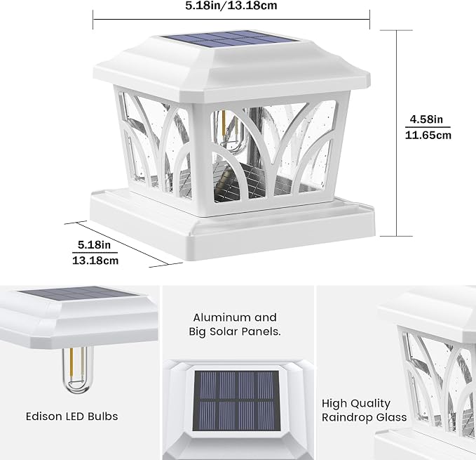 SIEDiNLAR Solar Post Cap Lights Outdoor, Aluminum Glass 2 Modes Fence Post Caps for 4x4 5x5 6x6 Vinyl Wooden Posts Patio Deck Fence Decor, Warm White & Cool White Lighting 2 Pack (White)