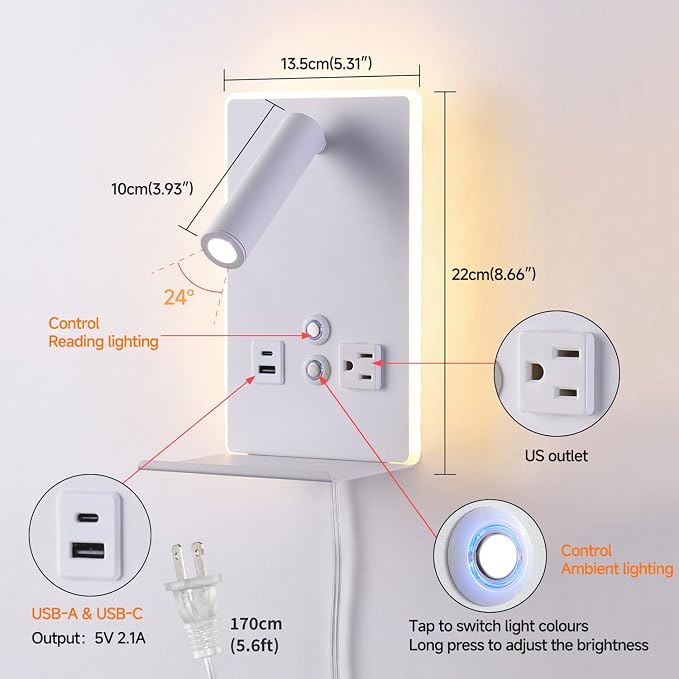 Wall Mounted Reading Light with Shelf - 3 Color Dimmable LED, 360° Adjustable Wall Lamp for Bedroom/Study, Touch Control (White)