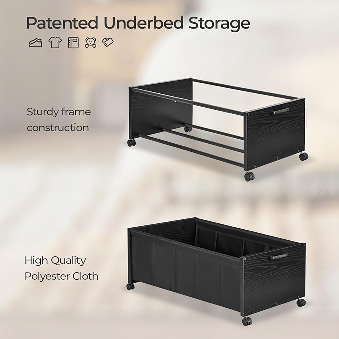 Under Bed Storage with Wheels, Wooden Under Bed Drawers On Wheels, Rolling Under Bed Shoe Storage, Space Saving, Black,Quadruple Size,90L