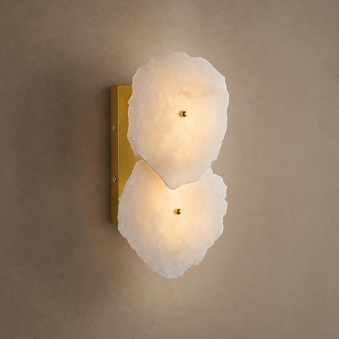 Alabaster Wall Sconce, 2-Light Natural Spanish Marble Wall Sconces, Brushed Gold Hardwired Indoor Wall Sconce with G9 Bulbs, Dimmable Irregular Modern Alabaster Light for Living Room, Bedroom(1 Pack)