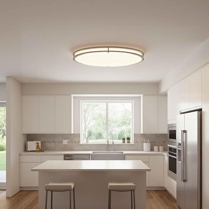 24 Inch Oval Brushed Nickel Ceiling Light-Flush Mount LED Ceiling Light 3000K/4000K/5000K Adjustable Brushed Nickel LED Bathroom Bedroom Lights 24” Kitchen Lamp, 32W, 2100LM, Steel and Polystyrene