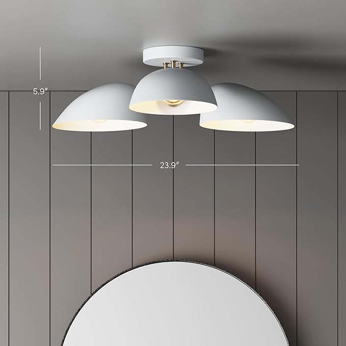 Nathan James Argo Semi Mount Flush Ceiling Light, 3-Lights Modern Retro Lighting with White Rounded Shades for Hallway, Dining Room and Bedroom, Brass Gold/White