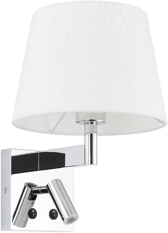 XiNBEi Lighting Wall Sconce with LED Reading Light for Living Room, Chrome | Bedroom Wall Lamp, White Fabric Shade & On/Off Switch, Wall Mounted Reading Lights, For Bedside Office & Hotel