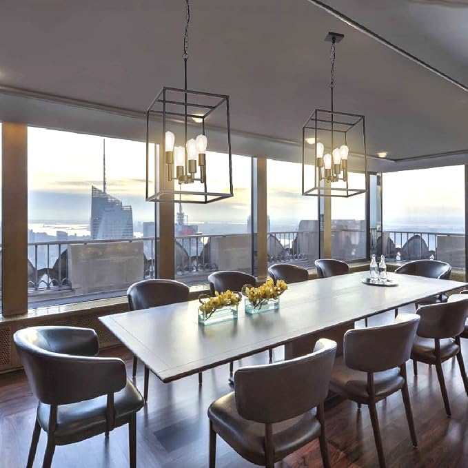 4 Light Large Industrial Metal Farmhouse Pendant Light Black Square Wide Cage Chandelier with Painted Finish for Dining Room Foyer Living Room Cafe Bar