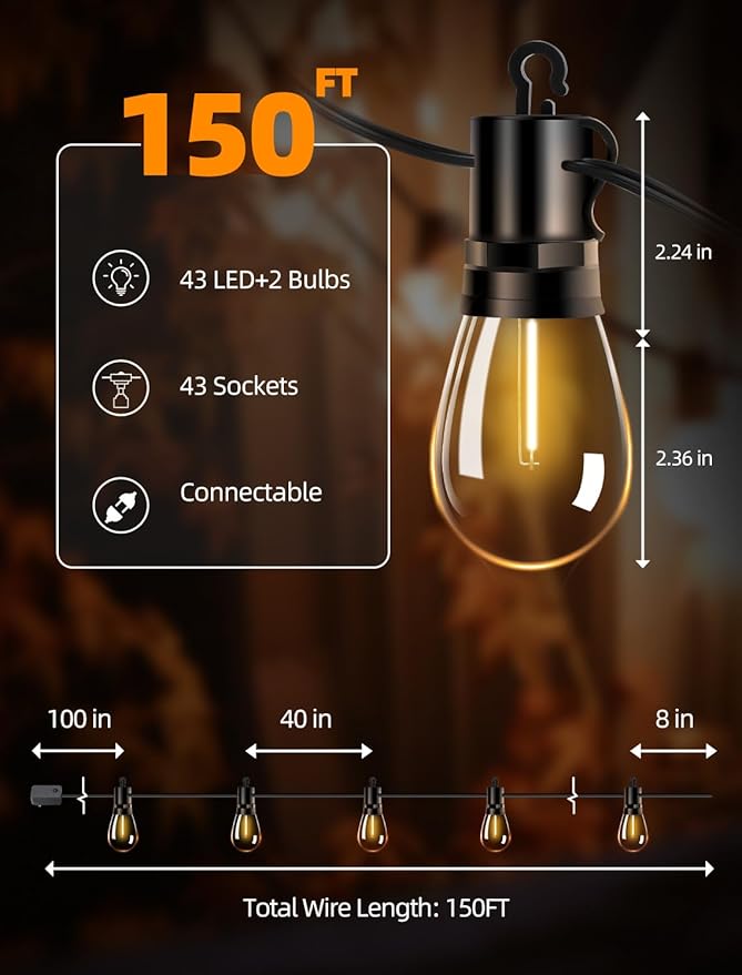 Outdoor Patio String Lights: S14 Shatterproof Bulb Outside Waterproof Light - 150Ft 45M Remote Dimmable Connectable Hanging Outdoor Electric Lighting - Garden Backyard Yard Gazebo Porch Party