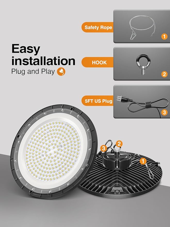 UFO High Bay Light 200W 5000K 30000LM 150LM/W (Eqv.800W Mh/Hps/Hid) Including Safe Rope and Plug 5ft Cable Shop Lights for Garage led Super Bright, Easy Install High Bay Lights 10Pack