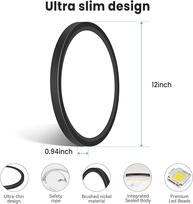 libtit 12 inch Flush Mount LED Ceiling Light Fixture, 3000K 4000K 6500K Adjustable, 28W 3200lm Black Round Lighting Fixtures for Bathroom Shower Hallway Kitchen, 4 Pack