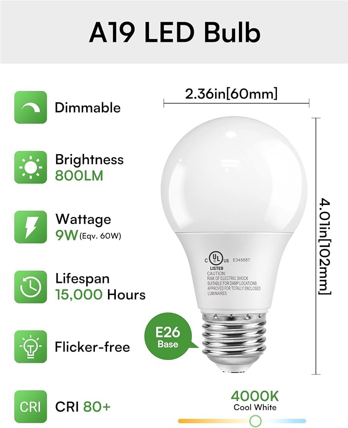 TJOY A19 Dimmable LED Light Bulb, 60 Watt Eq, Neutral Cool White 4000K, E26 | 800 Lumens Standard Base, Energy Saving Lightbulbs, Efficient 9W, 120V, 15,000 Hour Lifetime, 6 Pack