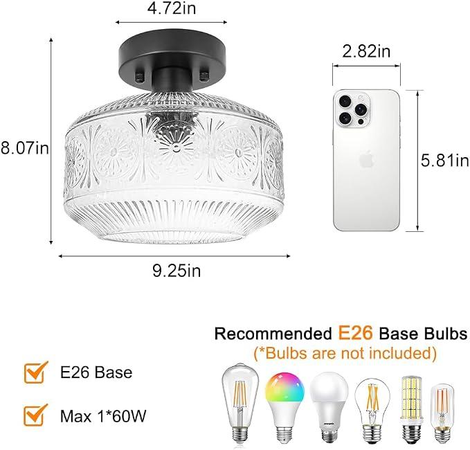 DSMJFU Semi Flush Mount Ceiling Light, Vintage Small Ceiling Light Fixture, Thickened Glass Hallway Lighting Fixture, Black Kitchen Ceiling Mount Light for Entry Way, Bedroom, Bathroom, Porch