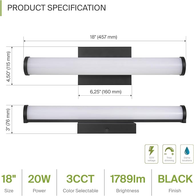 ASD 18" LED Linear Vanity Light Fixture, Modern Bathroom Sconce — 3 Color 3000K-5000K, Dimmable, 20W 1800LM, Energy Star & ETL Listed — Over Mirror Makeup Slim Bar for Bedroom, Cabinets — Black