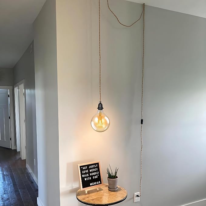 16.4ft Plug in Pendant Light Cord 2-Pack, Farmhouse Hemp Rope Hanging Lights Cord Kit with Switch, Industrial Vintage Plug in Hanging Light Fixture DIY E26 E27 Lamp Socket Cord, No Bulb