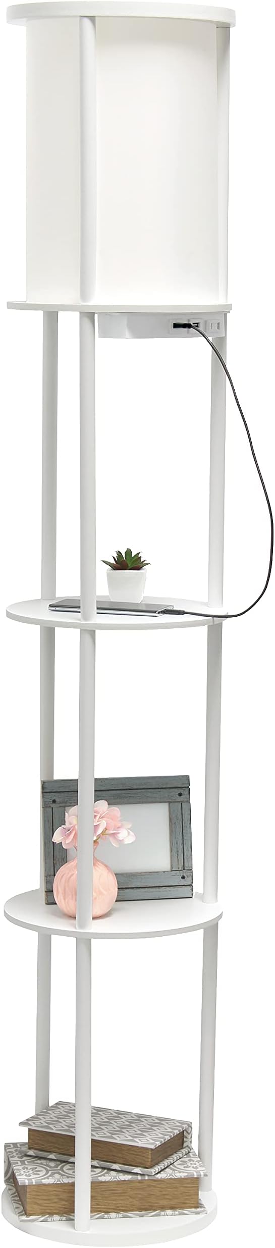 Simple Designs 62.5" LF2010-WHT Round Modern Shelf Etagere Organizer Storage Floor Lamp with 2 USB Charging Ports, 1 Charging Outlet and Linen Shade for Living Room Bedroom Office, White