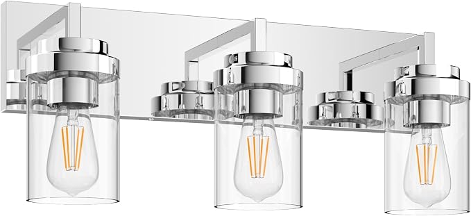 Chrome Light Fixtures, 3 Light Bathroom Vanity Light with Clear Glass Shade, 22in Modern Vanity Light, Bathroom Lighting Fixtures Over Mirror for Living Room