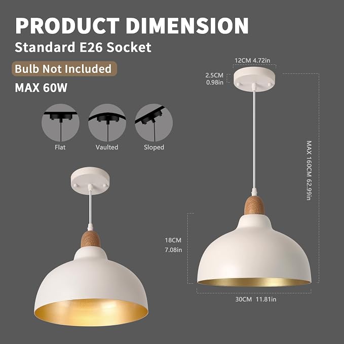 Ziqqeelam 2 Pack 11.8" White Pendant Light Kitchen Island Morden Pendant Light, Hanging Farmhouse Pendant Lights Fixture Kitchen Island, White Dome Pendant Lighting Over Island Dining Room