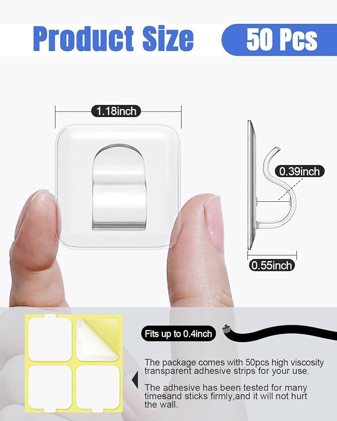 LZC 50 Pack Clear Adhesive Strips Hooks for Outdoor String Lights Clips | Large Square Heavy Duty Waterproof Sticky Light Hook Outside Hanging Rope Christmas Light Cable Cord Holders Organizer