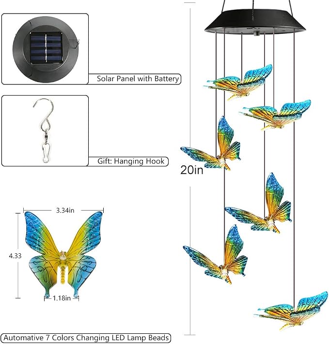 Toodour Solar Wind Chime, Color Changing Wind Chimes Butterfly Gift for Mom | LED Decorative Mobile, Gifts for Grandma, Waterproof Outdoor Decorative Lights for Garden Patio Yard Window Outdoor Decor
