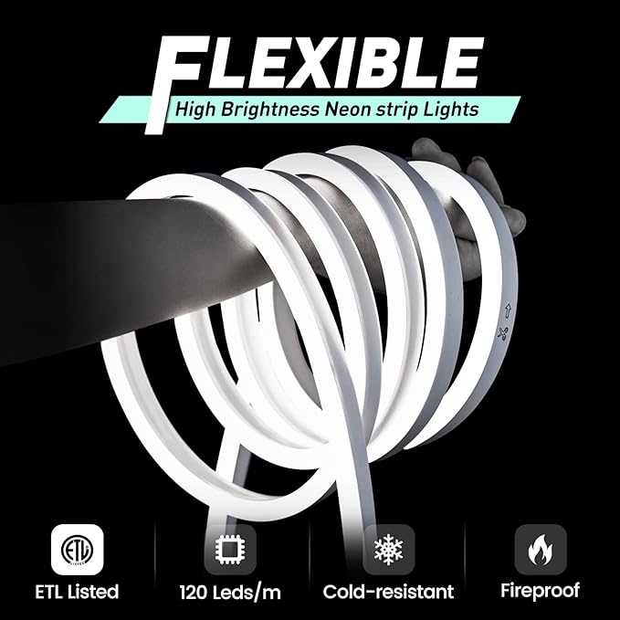 GZBtech Flexible LED Neon Rope Lights 66FT,AC 110-120V Waterproof Strip Light, 120 LEDs/M Cuttable Connectable Neon Lighting for Indoor Outdoor Home Decor/Commercial Use-Cold White 20M, ETL Listed