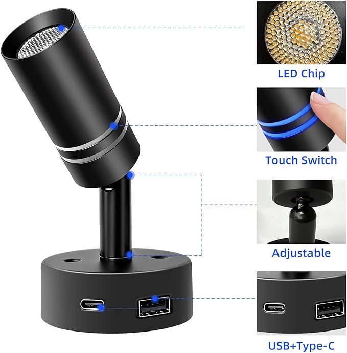 THALASSA Black RV Reading Light with USB-C Charger and USB Port, Dimmable Warm White Camper Van Bedside Lamp with Blue Night Light Mode for Motorhome, Camper, Truck, Marine