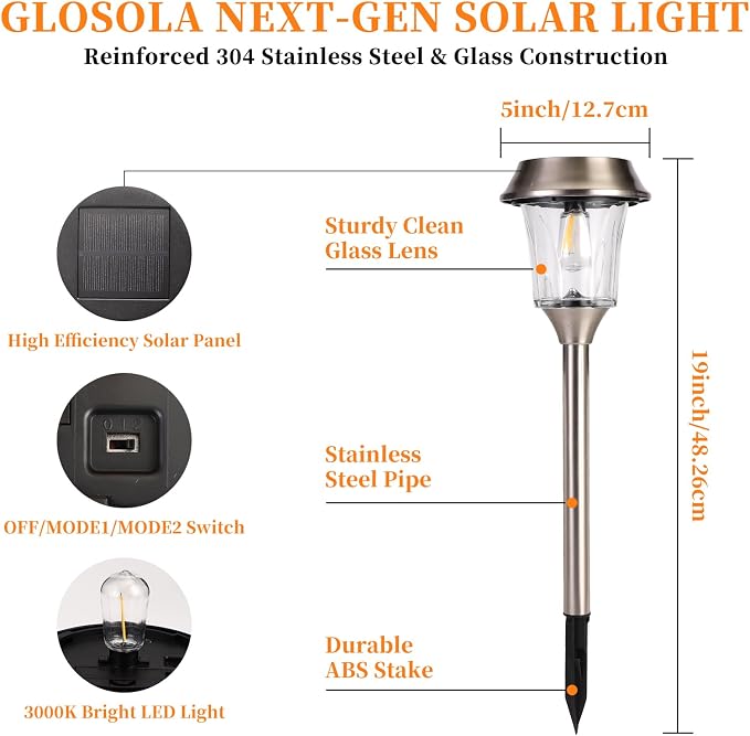 Solar Pathway Lights Outdoor, Landscape Lighting 4 Pack | Stainless Steel & Glas, 12-25 LM Dimmable, Auto On/Off, IP65 Waterproof, Outdoor Lights for Yard, Lawn, Walkway, Driveway