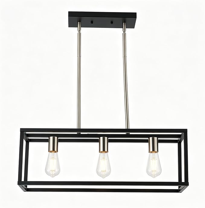 Farmhouse Kitchen Island Lighting, Modern Industrial Chandelier, 3-Light Black&Brushed Nickel Linear Rectangular Pendant Light Fixtures for Farmhouse Kitchen Dining Room Bar Foyer