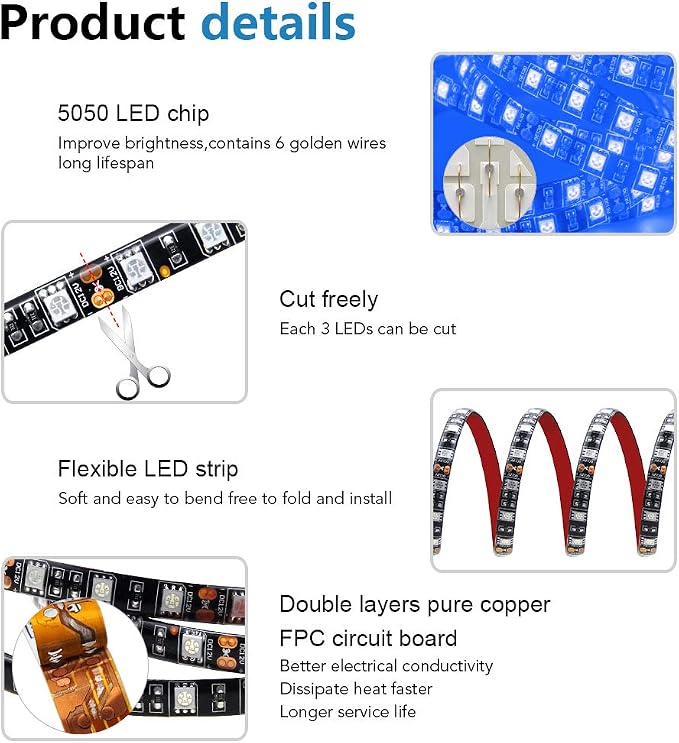 ALITOVE 16.4ft 5050 Blue LED Flexible Strip Ribbon Light Black PCB DC 12V 5M 300 LEDs Waterproof IP65 for Home Garden Commercial Area Lighting, Without Power Supply