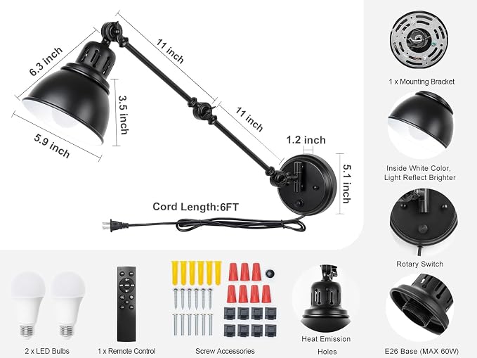 GOODATE 2 Pack Plug in Wall Sconces with Remote, Dimmable, Adjustable Colors, Swing Arm Wall Lamps, Wall Sconces Set of Two with Timer & Night Light, Plug-in or Hardwired (Black, with Bulbs+Remote)