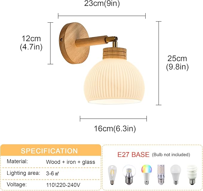 Globe Milk White Glass Wall Lamp Nordic Solid Wood Wall Sconce Adjustable Bedroom Bedside Reading Lighting, Modern Retro Half Globe Wooden Home Decor Lighting Fixture for Loft Living Room