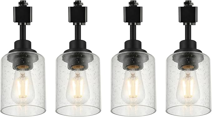 LOUSACE 4-Pack H Track Lighting Heads, Black Track Lighting Fixtures Ceiling with Seeded Glass Shade, H Type Track Lighting Replacement Heads E26 Spotlight for Accent Retail Kitchen Island Lighting