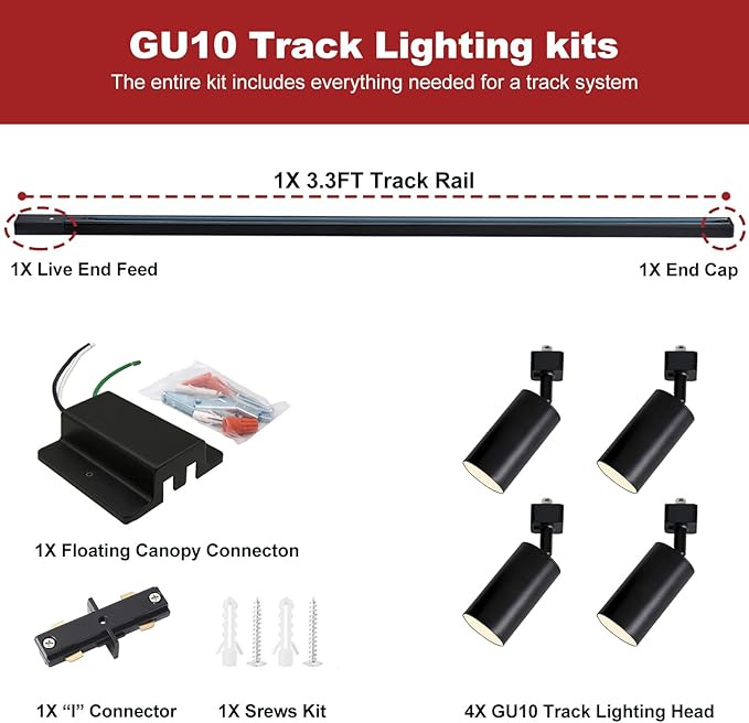 4-Light LED Track Lighting Kit with 3.3FT H Type Track Lighting Rails and Floating Canopy Connector, Modern Kitchen GU10 Track Lighting Fixtures Ceiling Spot Light, Black (No Bulbs)