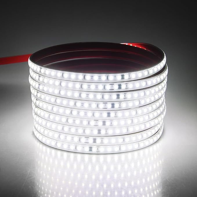 Aclorol 5M Outdoor Led Strip Lights Waterproof AC 110V-130V Flexible LED Rope Lights Outdoor Cool White 6000K Cuttable LED Lights String for Garden Patio Indoor Decorative Lighting 120LEDs/M 16.4FT