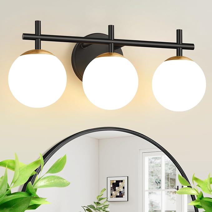 3-Light Bathroom Light Fixtures, Black and Gold Vanity Lights for Bathroom with Milky White Glass Shade, 18.9 inch Bathroom Lighting Fixtures Over Mirror, Compatible with G9 Bulbs (Bulb Not Included)