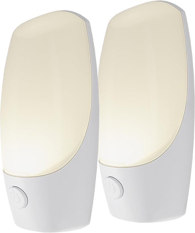 Energizer Manual On/Off LED Night Light Plug-in, Push Button, Compact, Contemporary, for Bedroom, Livingroom, Hallway, Bathroom, Nursery, Basement, White, 84135, 2 Pack