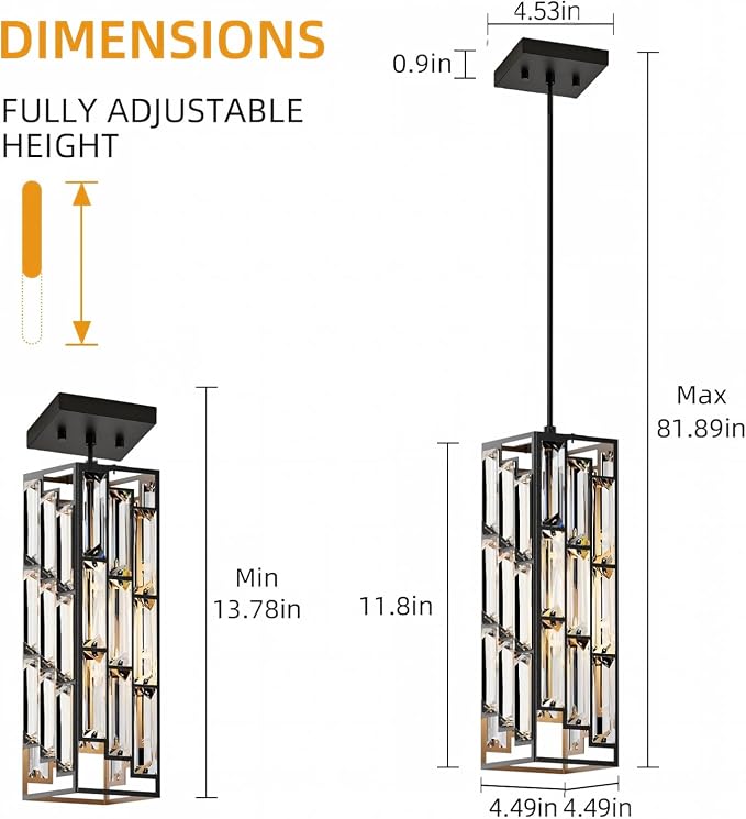 Black Pendant Lights, Modern Pendant Light Kitchen Island, 2 Pack Mini Crystal Chandeliers for Dining Room Bedroom Foyer Hallway